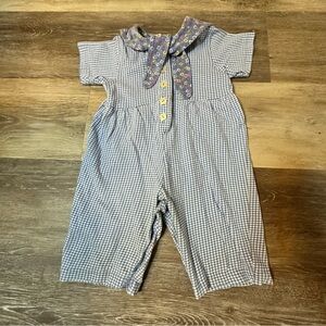 Bebe Eaton Baby Vintage Cotton Blue and White Kids Romper Flower Buttons 18M